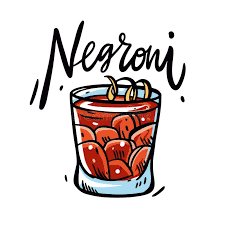 Illustration of a Negroni cocktail in a glass with cherries on top and the word 'Negroni' written in a decorative font.