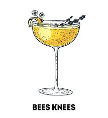 Illustration of a cocktail named 'Bee's Knees' in a coupe glass, garnished with flowers and a lemon twist.