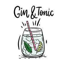 A cartoon illustration of a gin and tonic in a glass with ice, garnished with mint leaves and a lime slice, with a pink straw and the text 'Gin & Tonic' above.