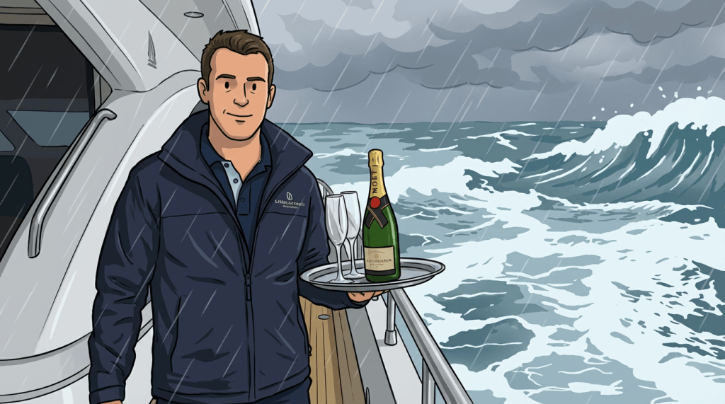 Man on a yacht holding a champagne tray against a backdrop of rough waves.
